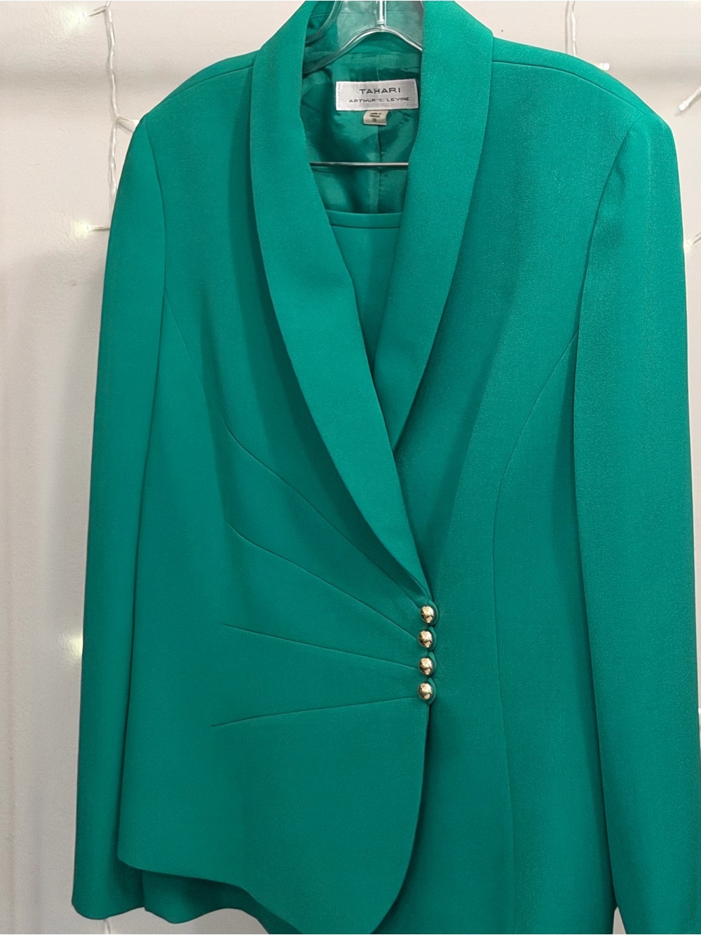 Tahari Teal Green Shawl-Collar Blazer with Gold Buttons